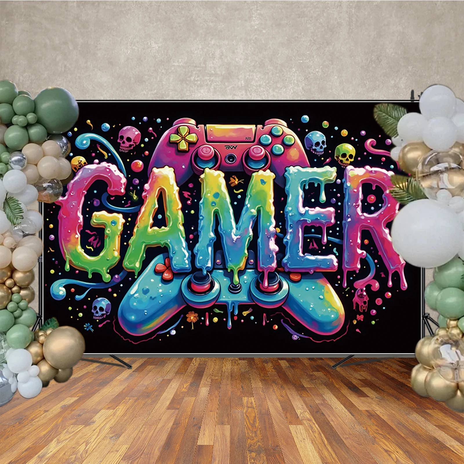 MOON.QG Boy Happy Birthday Photography Backdrop Black Wall Game Machine Colorgul Banner Background Children Studio Photobooth