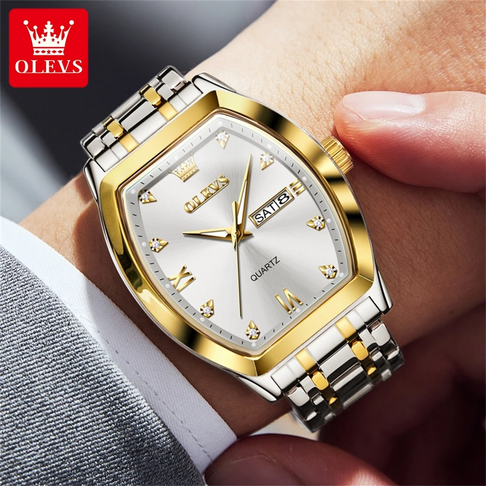 OLEVS 5528 Men Watch Fashion Business Dual Calendar Display Gold Stainless Steel Waterproof Watch Luxury Brand Quartz Men Watch