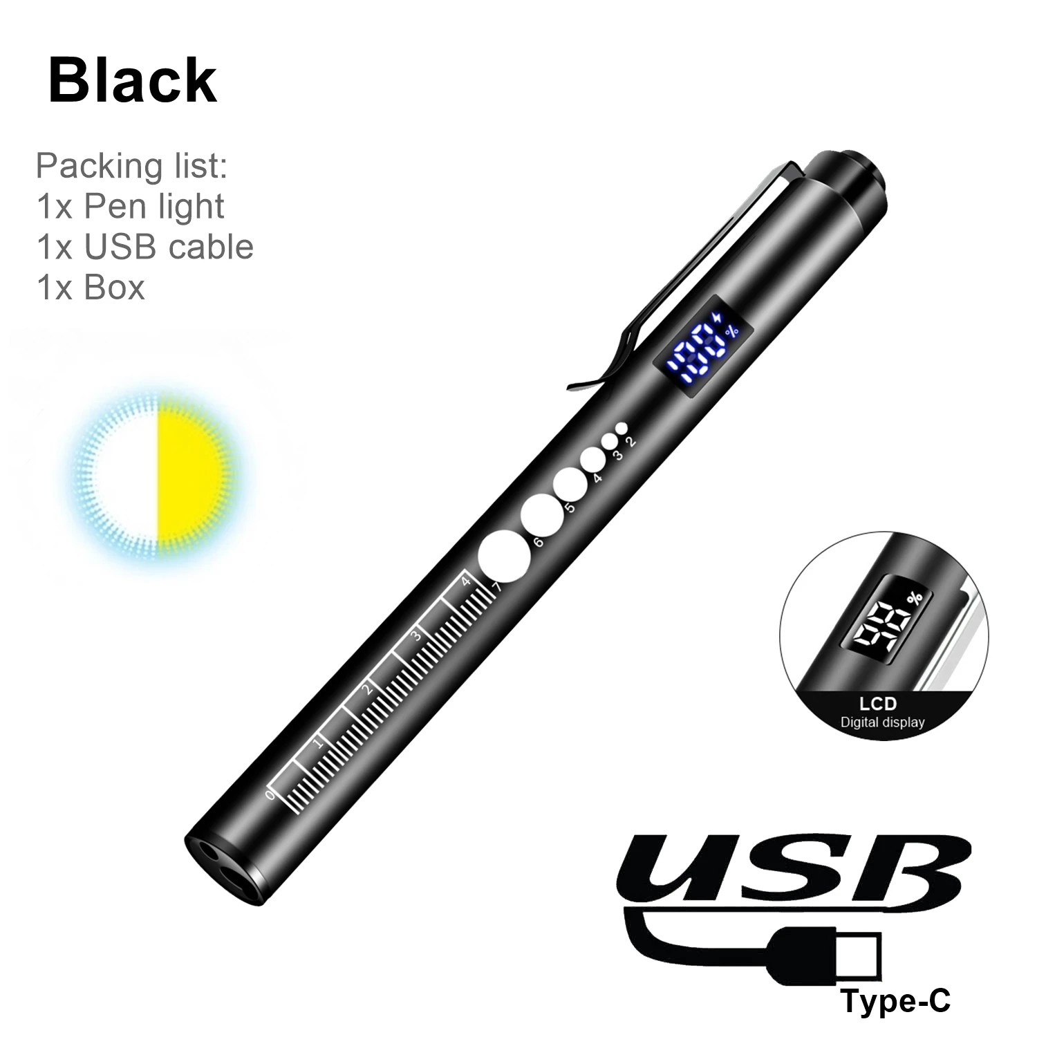 LCD 2-in-1 LED Mini Weiß/Gelb Stiftlicht Taschenlampe USB Wiederaufladbar Augen-Pupillenlampe Camping Kinder Notbeleuchtung Fackel
