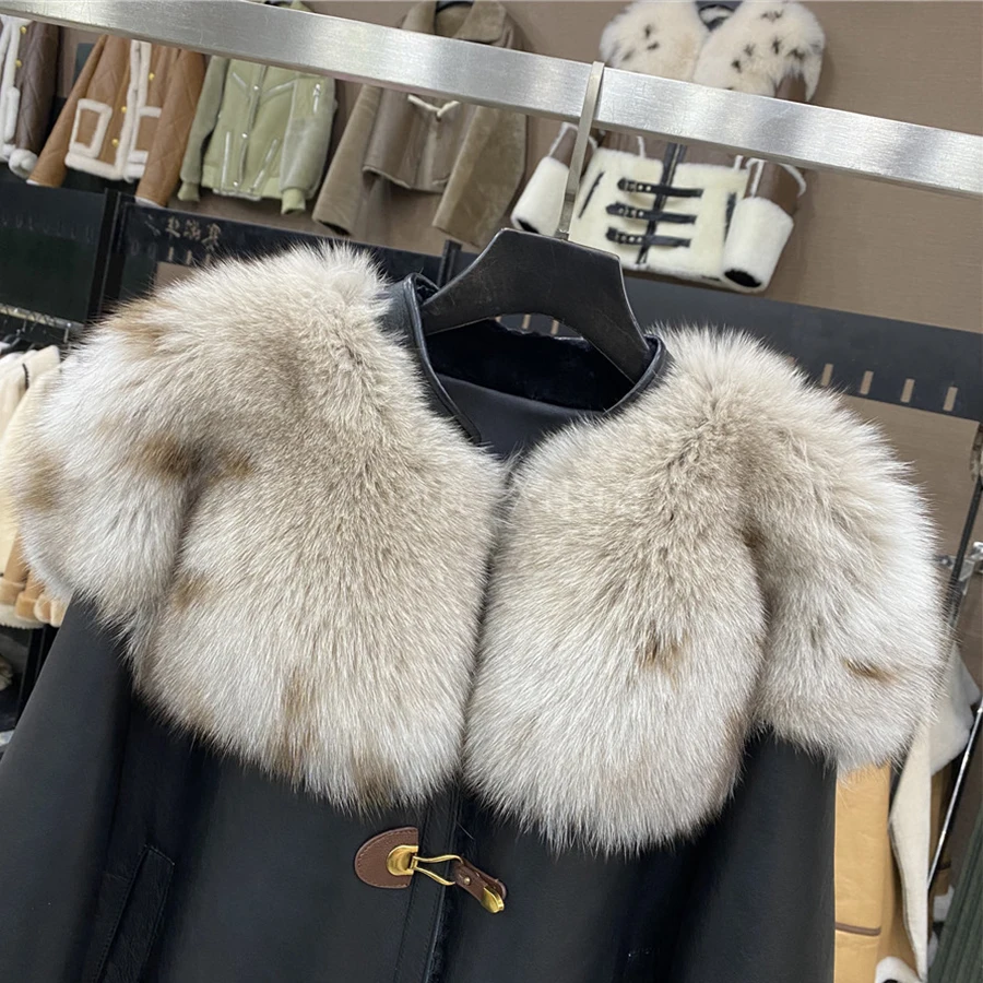 2023 Real Natural Merino Sheep Fur Genuine Leather Jacket Real Fox Fur Collar Winter Women Coat Thick Warm Luxury Female Coats