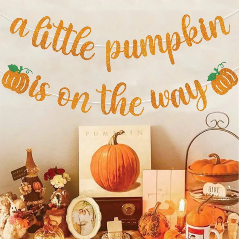 لافتة برتقالية لامعة "اليقطين صغير يطرق على الطريق" - لافتة كشف بين اليقطين لاستحمام الطفل ومستلزمات الخريف لعيد الشكر #1