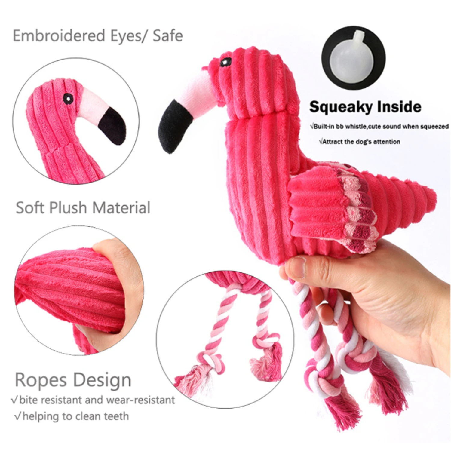 Interactive, Funny and Cute Flamingo Plush Dog Toys with Chew Ropes for Small and Large Pets - Includes Squeaky and Teeth Cleani