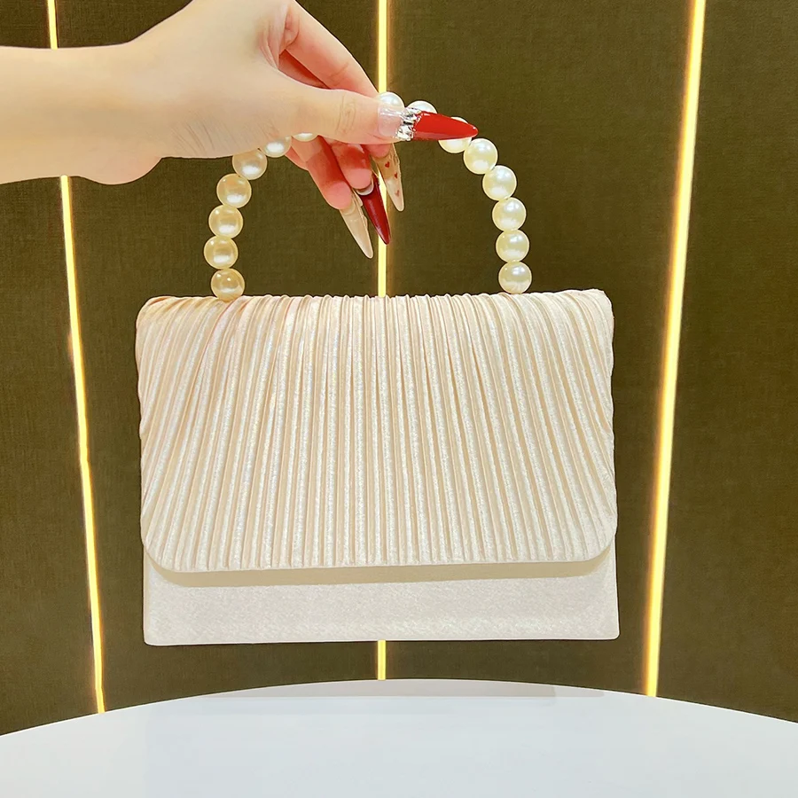 New beaded handle pleated shoulder bag Casual flip-top handbags simple dinner party crossbody bags Satin for women wedding party