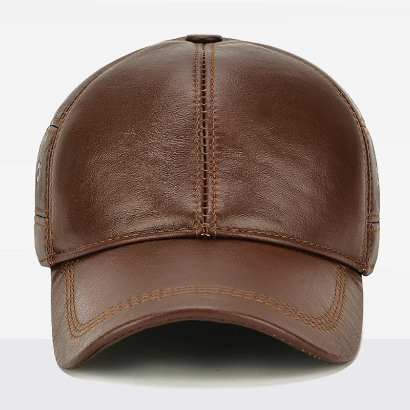 2024 New Style Men Cowhide Hat Winter Warm Outdoor Protect Ear Real Leather Adjustable Baseball Cap Men Real Cowhide Leather Cap