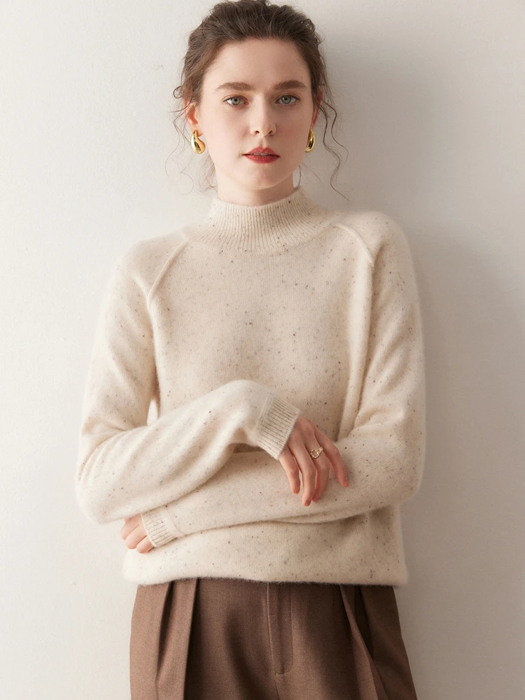 Meetcc feminino 100% cashmere cor sólida pulôver mock neck camisola outono inverno macio aconchegante topos de manga longa jumper casual