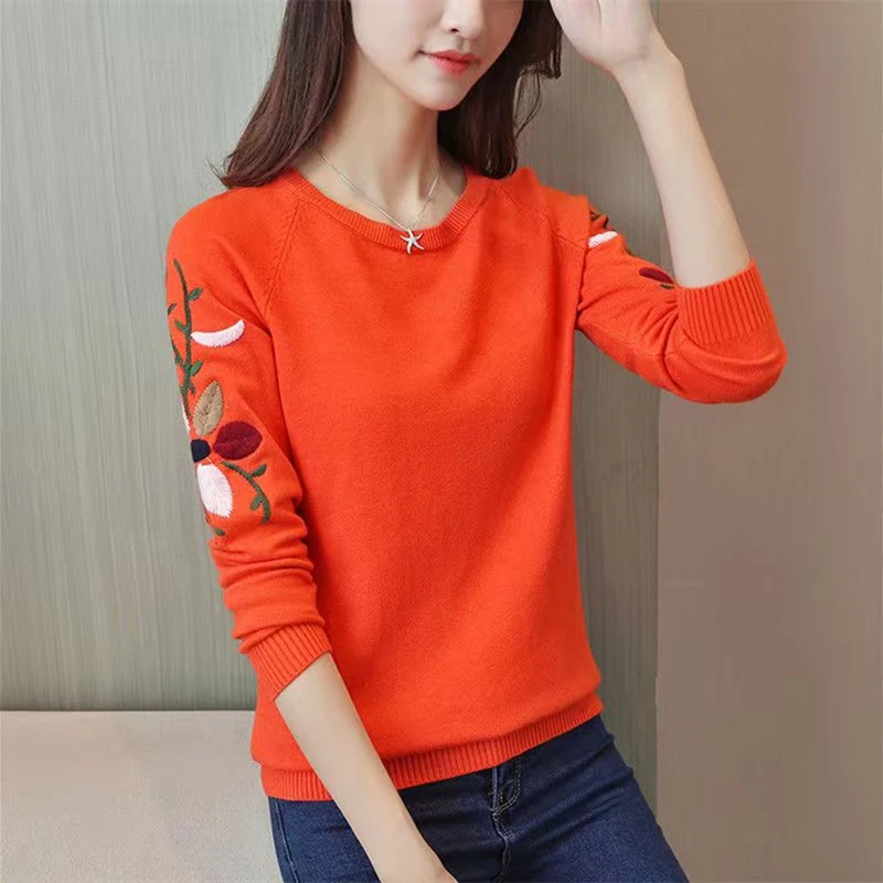 Autumn Winter Flower Embroidered Knitted Sweater Women Casual Loose Long Sleeve Top Party Basic Sweater Black White