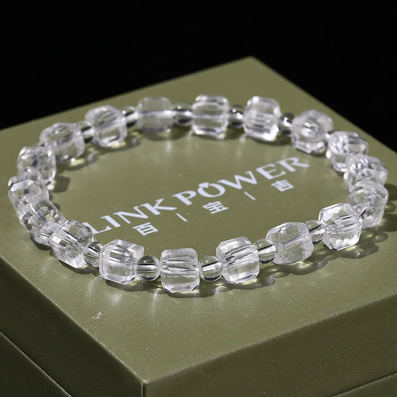 1 Pc Natural Stone White Quartz Crystal Faceted Sugar Cube Bracelet Elastic Wristband Lucky Amulet Jewelry Gift