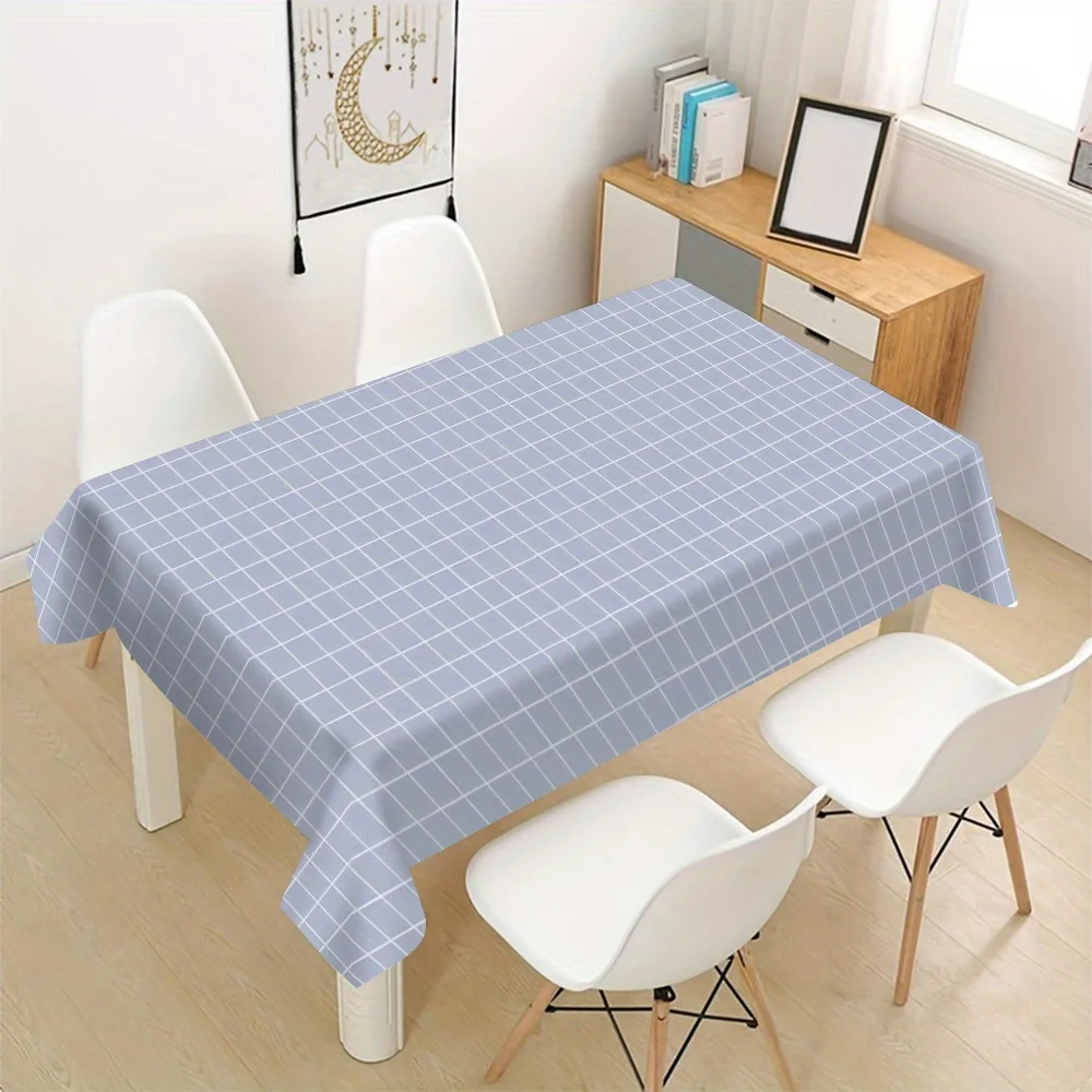 Fashionable light blue and white checkered rectangular tablecloth - made of synthetic polyester fiber.