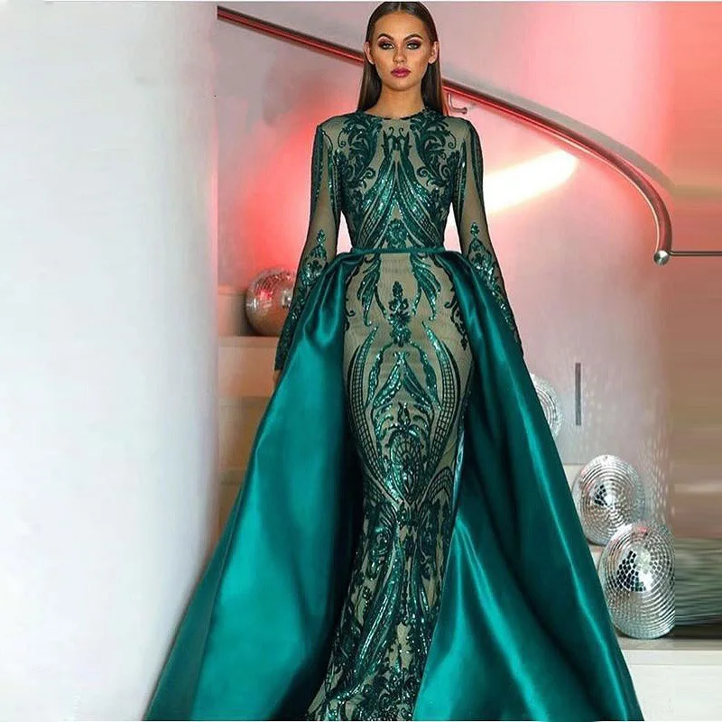 Long Sleeved Light Luxury Lace Evening Gown Detachable Fishtail Skirt Elegant And Slim Fitting Trailing Evening Gown Customized