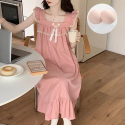 Kawaii Elbise Pijama Kadın Yaz Pamuk Gecelik Elbiseler Papyon Fırfır Loungewear Gecelik Kore Gevşek Pijama