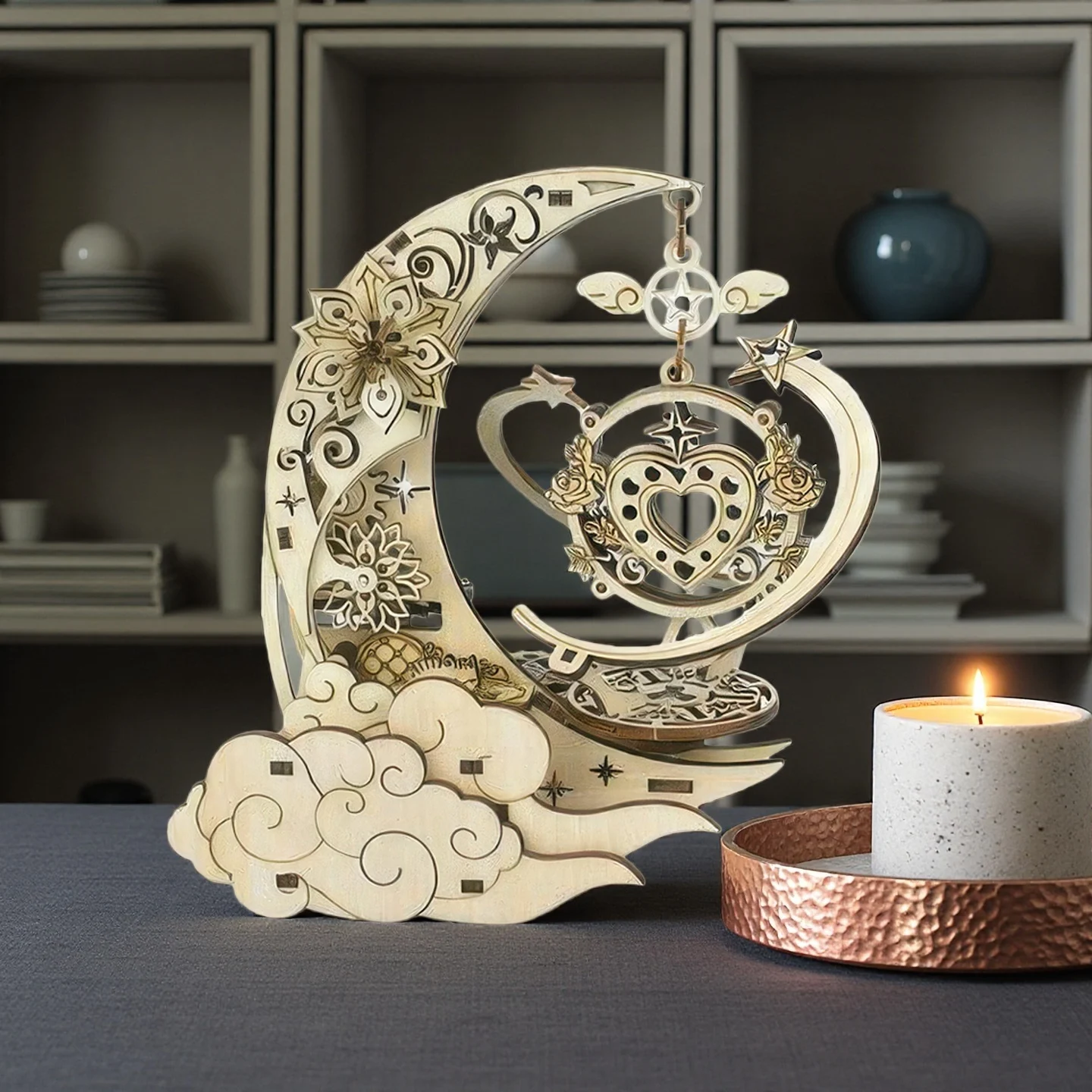 OUZEY 3D木製月面オルゴール - 回転する月模型組み立てキット、大人と14歳以上のティーン向けのDIY STEM教育クラフト