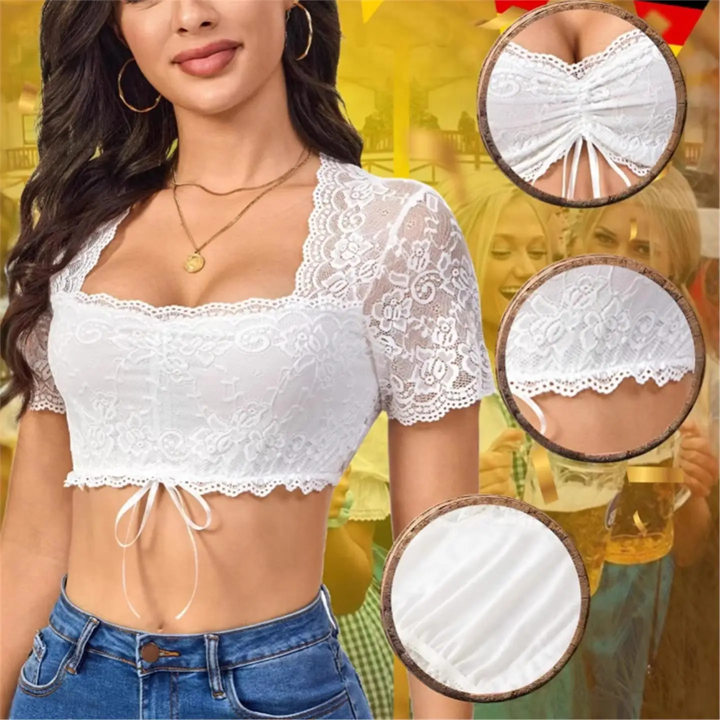 Csa de encaje blanco de manga corta con cordón, estilo Festival de la cerveza bávara, csa de moda europea para mujer, f...