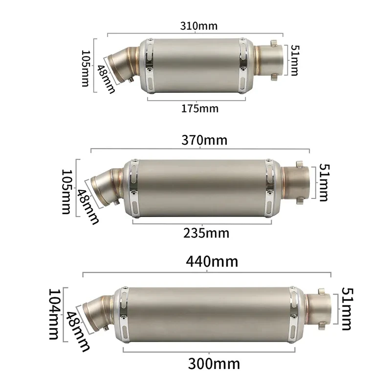 51mm Universal Motorcycle Exhaust Stainless Steel Muffler Escape 310 370 440 mm Pipe 100cc-1000cc ATV GP Scooter For fz6 pcx125 view 2