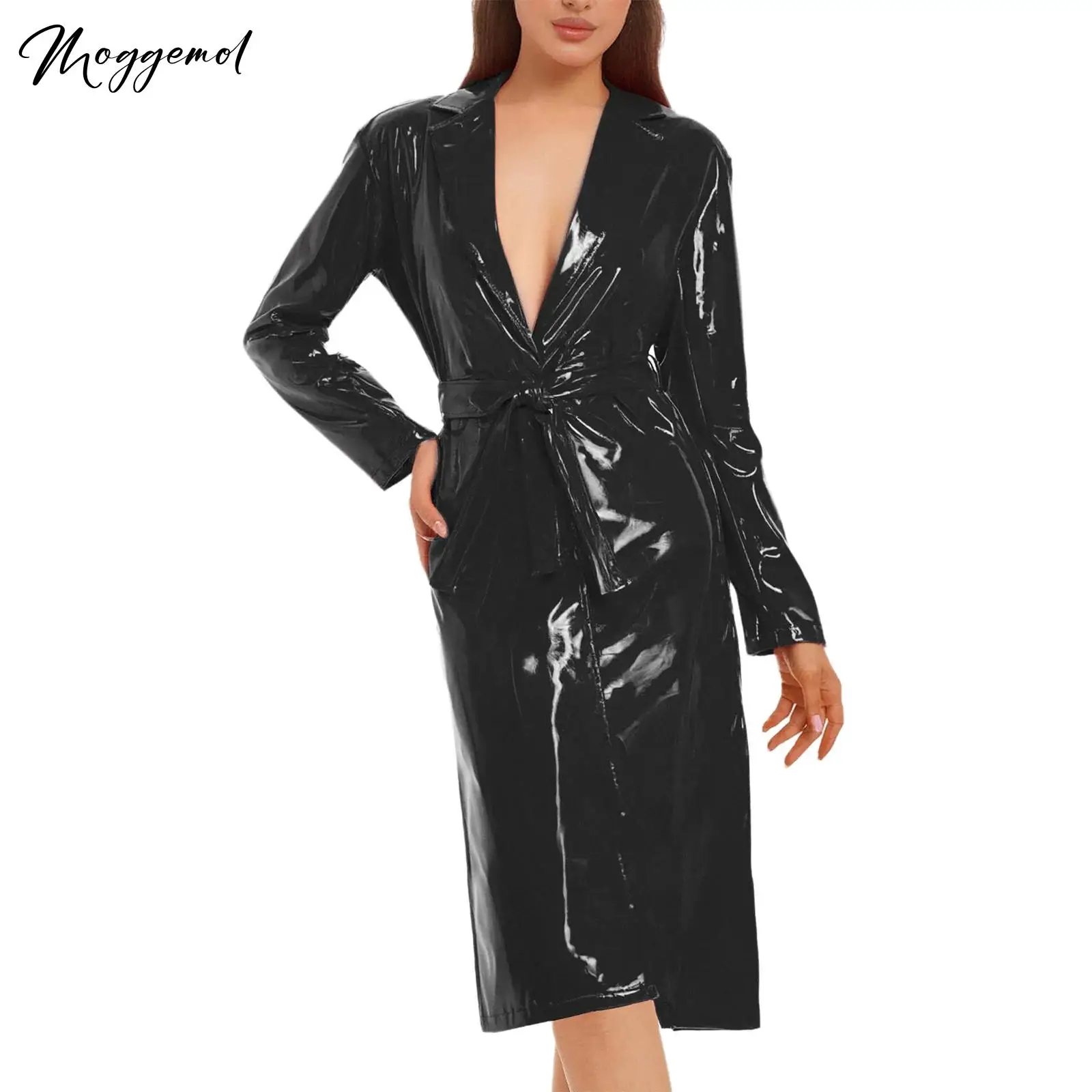 

Womens Cool Matrix Costume Shiny Leather Long Trench Coat Blazer Lapel PU Leather Open Front Overcoat Long Jackets with Belt