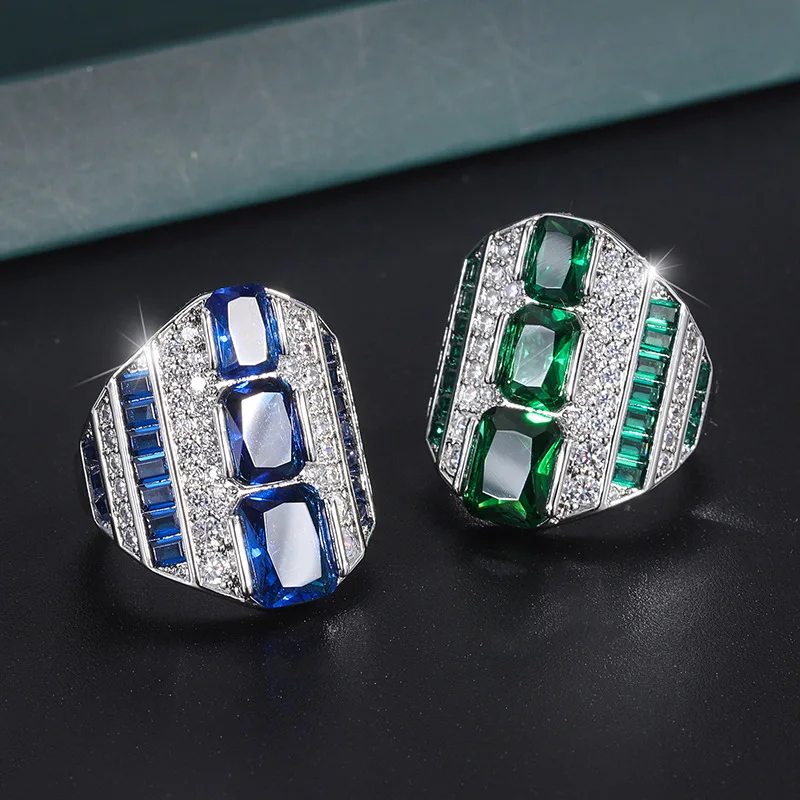 

Jewelry Gold-Plated Vintage European and American Ring Blue Glass Emerald Square Ring Textured Ring