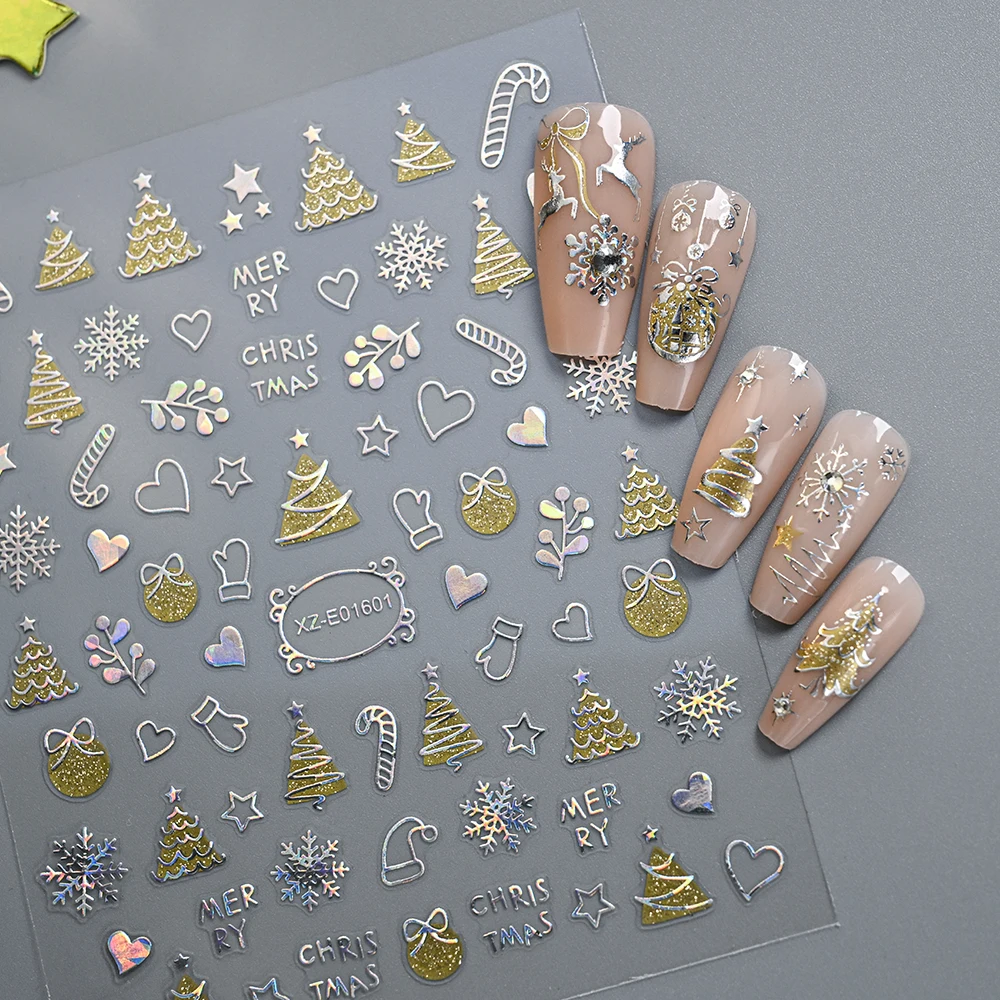 12Pcs 3D Glitter Weihnachten Schneeflocken Glocke Elch Nagel Aufkleber Laser Silber Weihnachten Baum Nagel Aufkleber Klebstoff Winter Nägel Dekoration