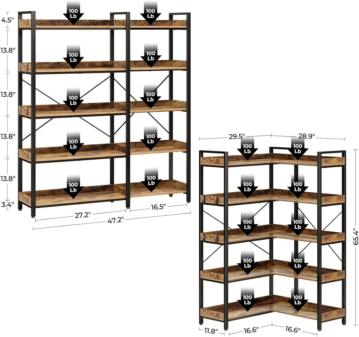 Bookshelf 5 Tier with 4 Hooks, Reversible Corner Bookshelf, 65" Industrial Wooden Bookcase with Open Shelves and Metal