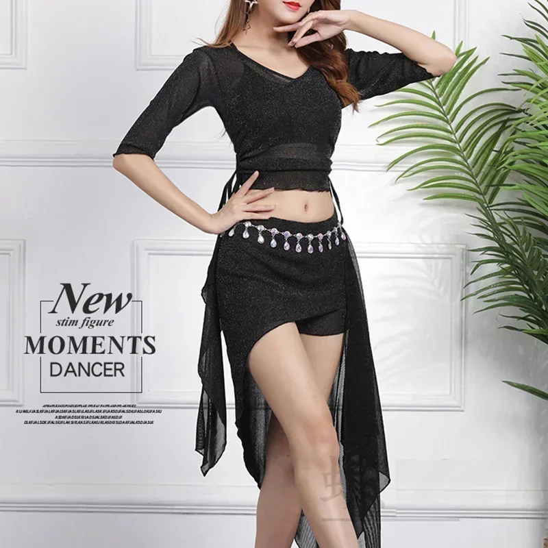 2PCS Frauen Praxis Dancewear Bauchtanz Lektion Tragen Set Bauchtanz Koreanische Tanzen Kostüm Top Verschüttet Rock Outfit Kleidung Anzüge