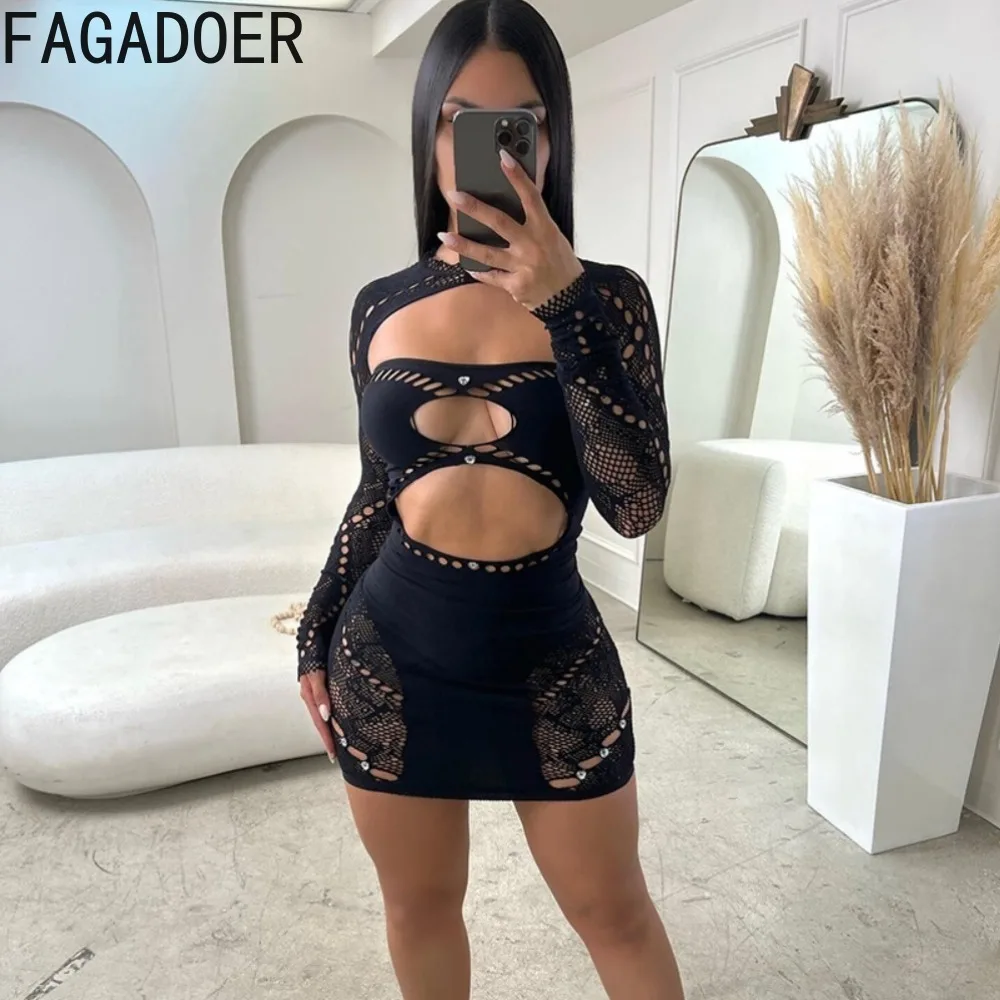 

FAGADOER Sexy Hollow Perspective Bodycon Nightclub Mini Dresses Women Round Neck Long Sleeve Slim Vestidos Fashion Solid Clothes