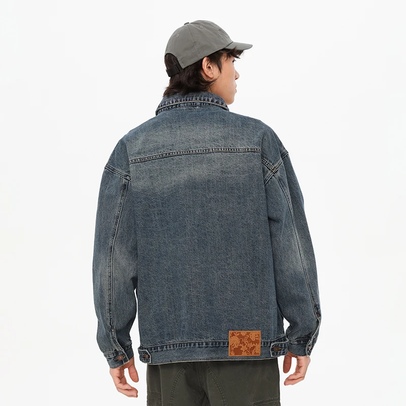 Vintage embroidery pocket denim jacket men's street fashion Korean styleinsloose cargo washed nostalgic Y2K clothes