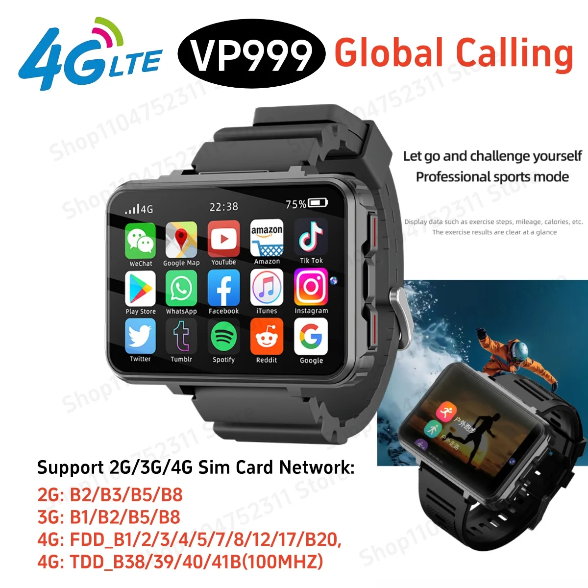 جديد VP999 الإصدار العالمي 4G NET Smartwatch أندرويد OS 1500mAH بطارية 2.4 "شاشة ضغط الدم GPS موقع الرجال ساعة ذكية