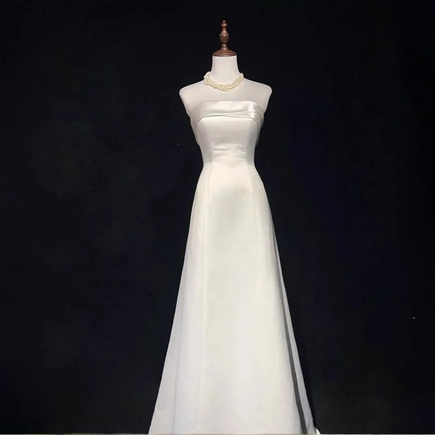 Vestido de casamento de cetim branco para mulheres vestido de noiva com trem coreano simples vestidos de noite vestido formal feminino vestidos elegantes