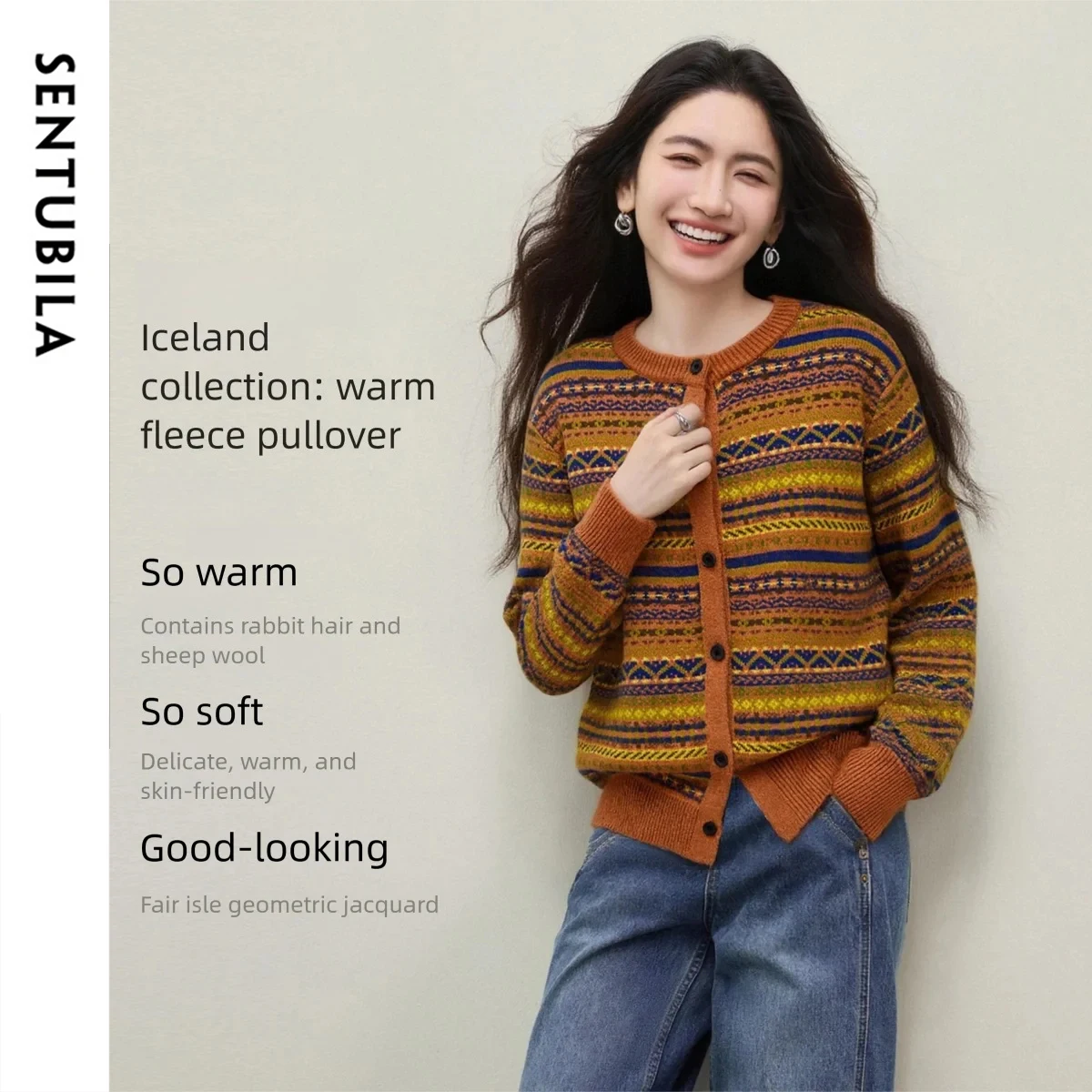 

SENTUBILA Casual Fair Isle Cardigan for Women 2025 Winter Round Neck Jacquard Knit Sweater Cardigans Woman Clothing W54EB5740
