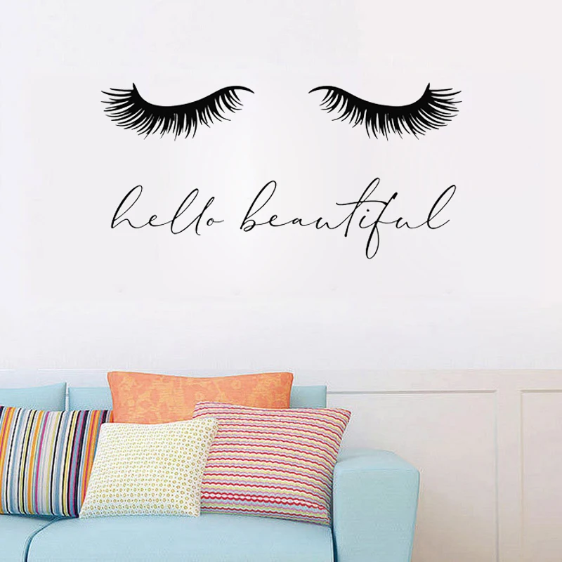 Hello Beautiful Lettering Wall Decals Closed Girl Eyes Eyelash Extensions Wall Stickers Salon Wall Window Decoration Art Murals