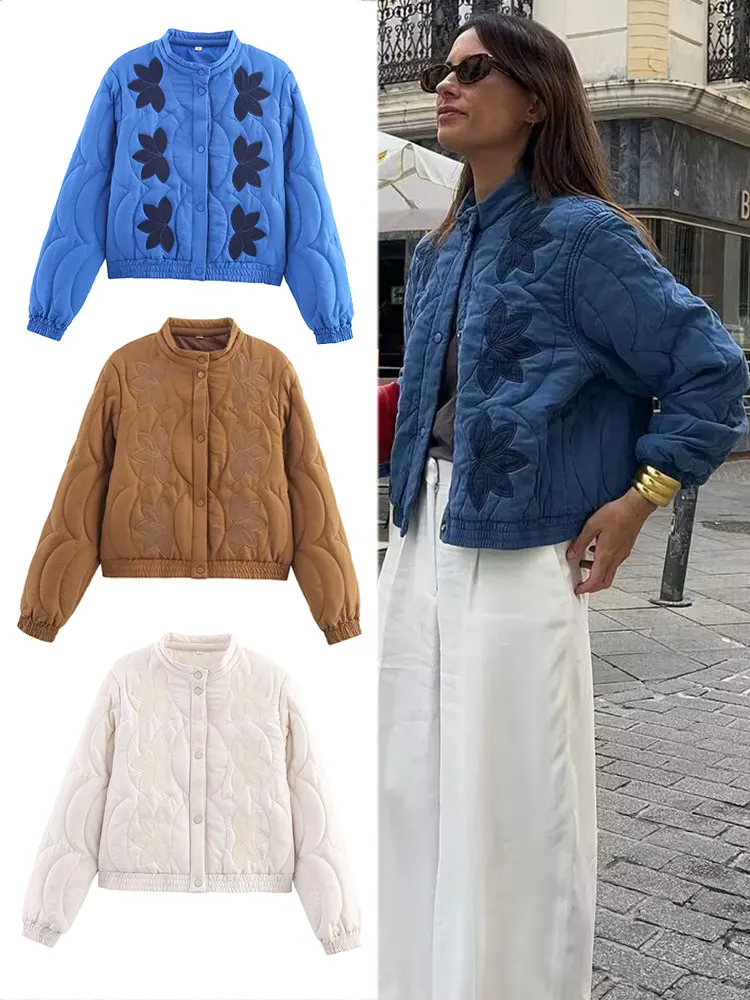 

TRAFZA 2025 Autumn Women Quilted Crop Coat Floral Embroidery Single Breasted Long Sleeve Jacket Winter Warm Vintage Outerwear