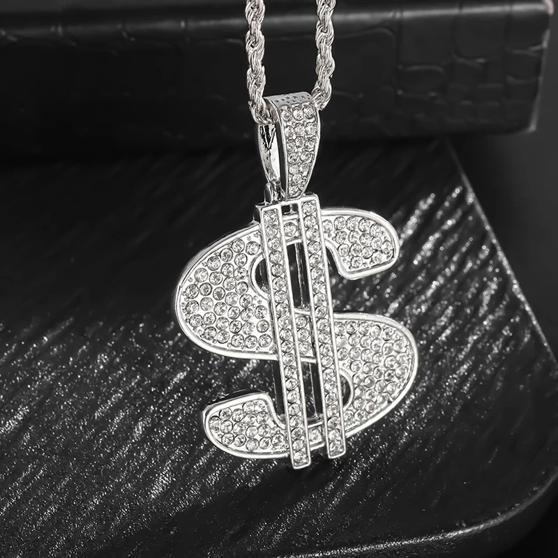 Hip Hop Iec Out Put Crystal Zirconia Dollar Sign Pendant Necklace Fashion Punk Cool Rock Rap Party Jewelry Accessories for Men