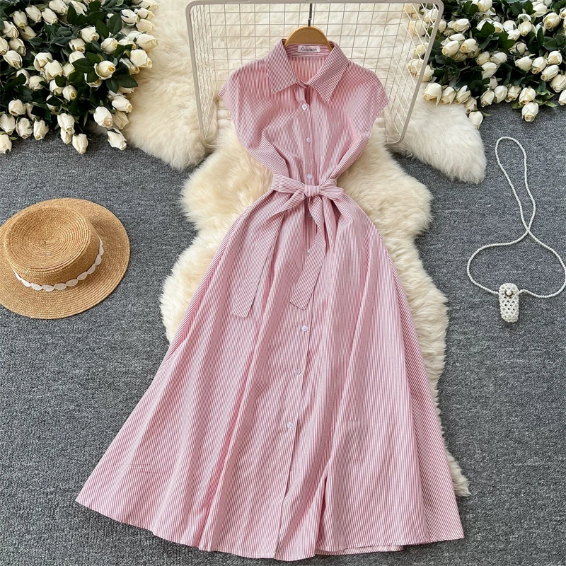 Damen Sommerkleid, neu, gestreift, mit Bindegürtel, schmal geschnitten, ärmellos, Midikleid, lässig, elegant, für Büro und Freizeit, mit Taschen, DR1970 – Detail 9