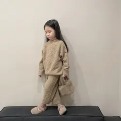 Autumn Spring Korean Style Kids Knitted Clothing Set Long Sleeved Solid Color Knitted Pullover+Pants Baby Girl Clothes Suit