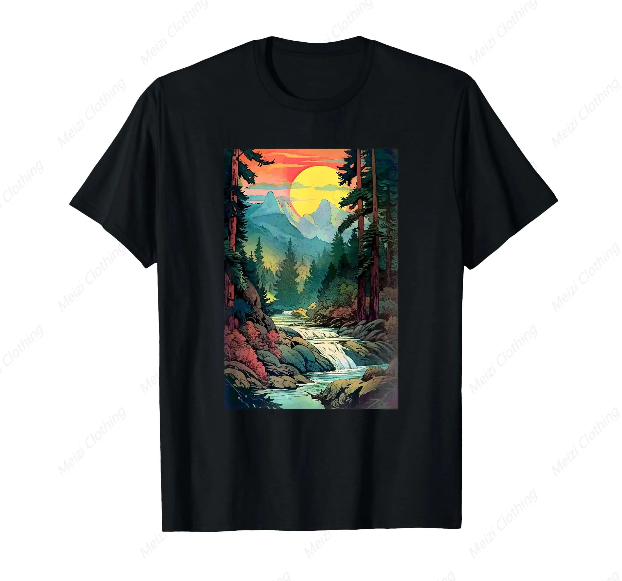 Shanshu River Waterfall Forest Natural Scenery Men's T-shirt Outdoor Hiking Men's Fashion Cotton Short Sleeve