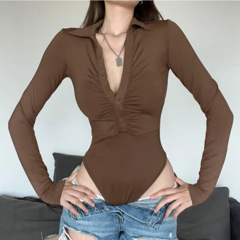 

Women Clothing Spicy Girl Sexy Slim Fit Polo Neck Long Sleeve Top Fold Bottoming Shirt Bodysuit Jumpsuit Women T-shirt