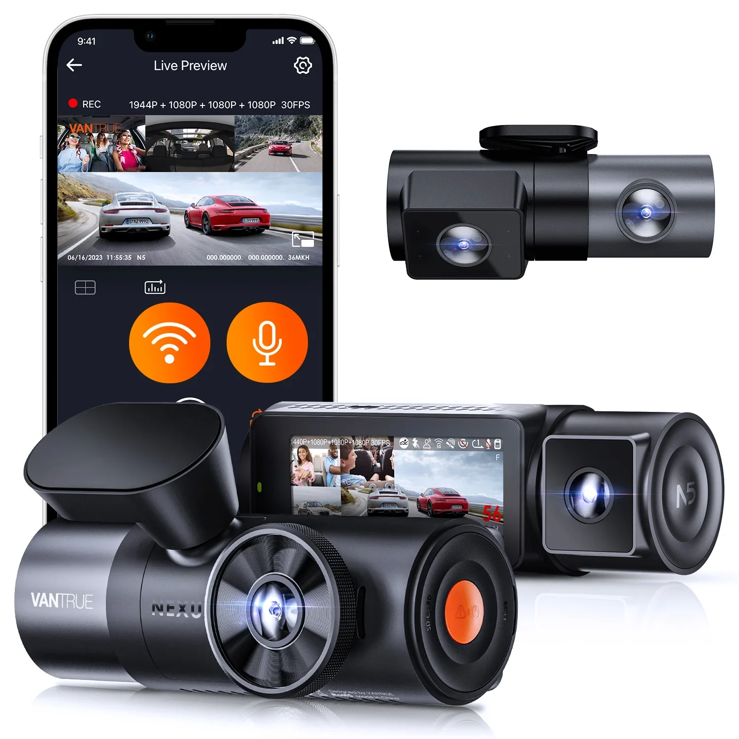 

Vantrue N5 DashCam 4 Channel WiFi 360° All Sides 2.7K+1080P*3 GPS Tracking Smart Voice Control Rotatable Camera Car accessories