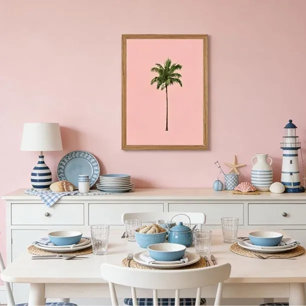 Arte de Parede em Lona com Folhagem Tropical Rosa Pastel, Pôster Botânico de Vegetação Tropical, Decoração de Parede Estilosa