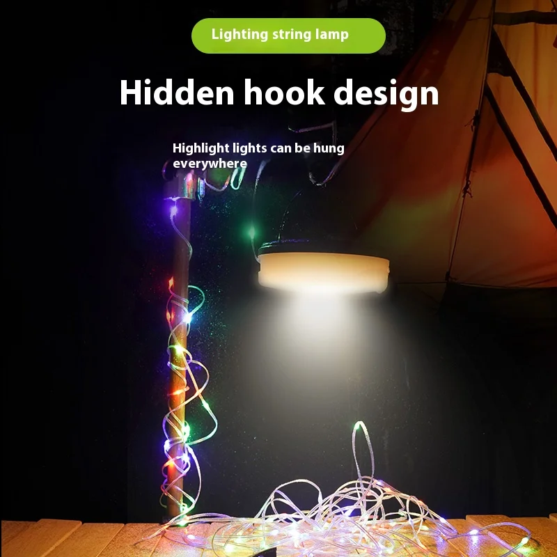 Solar Camping String Lamps Rechargeable 10m Light String Lanterns Outdoor Waterproof Tent RGB Atmosphere Storage Light with Hook