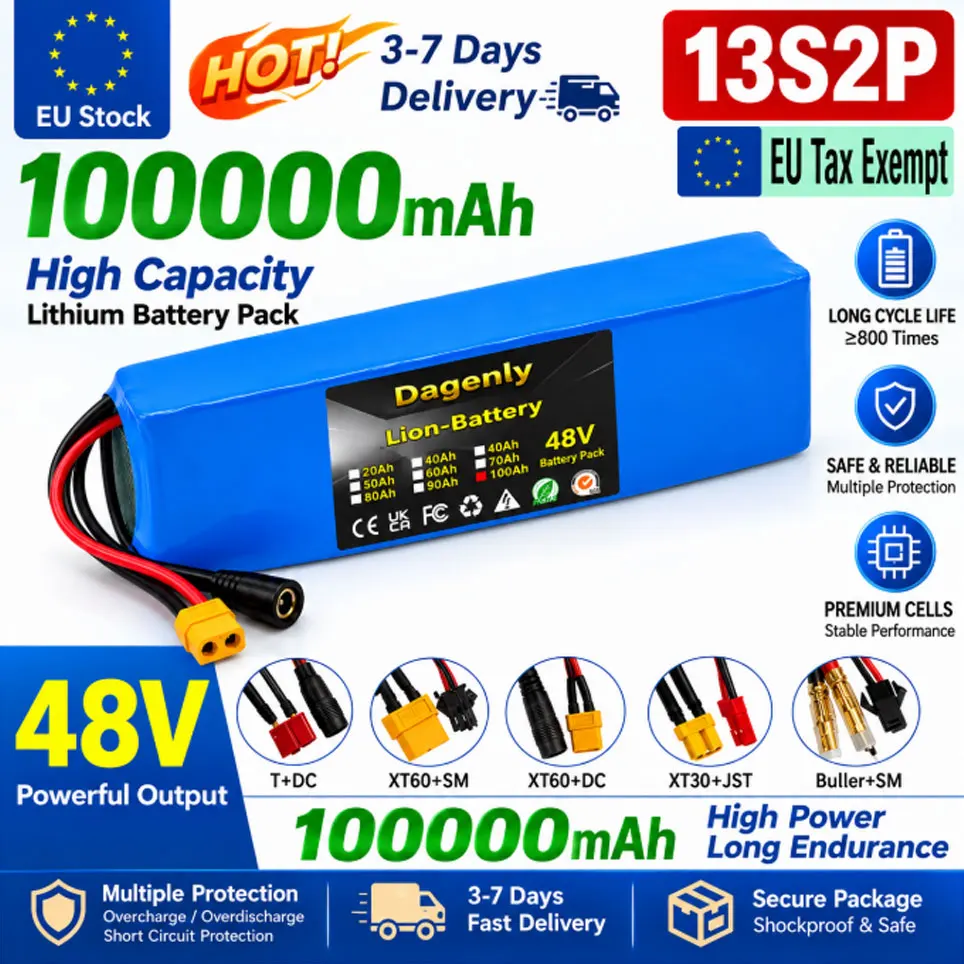Pacco batteria agli ioni di litio 18650 da 48V 100Ah 13S2P ad alta potenza per kit motore e-bike da 250-1000W, disponibile in magazzino locale UE