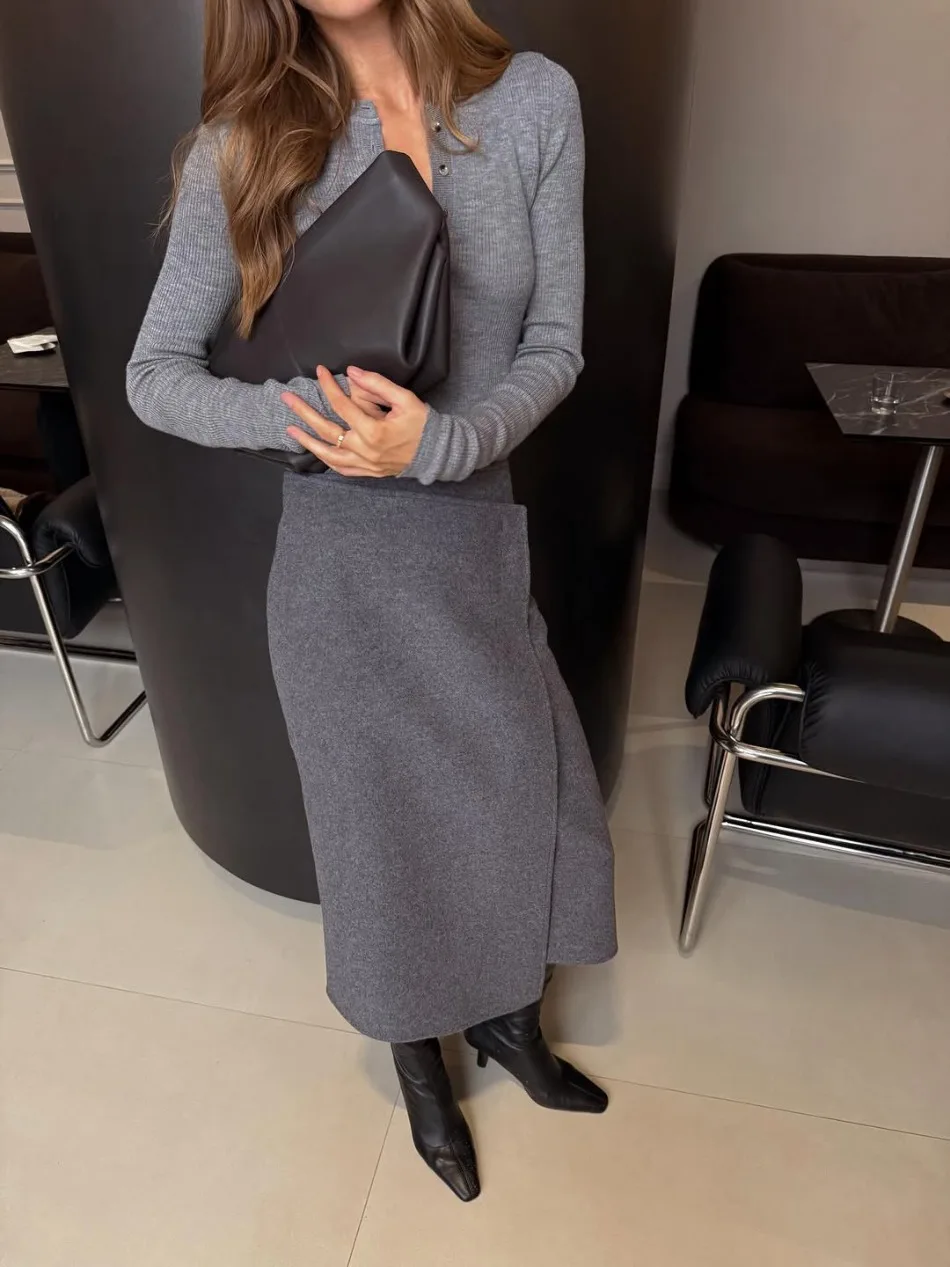 Herbst Winter Neue Damen-Pendlerkleidung Grauer Woll-Midirock Eleganter Hochtaillierter Knopf-Schlitzrock für Damen – Detail 14