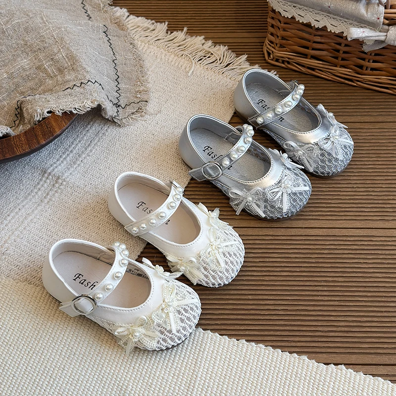 Spring Girl's Princess Shoes Mesh Bowknot Pearl Cute Sweet Kid's Flat Shoe Beige Silver Charming Versatile Chic Children Shoes