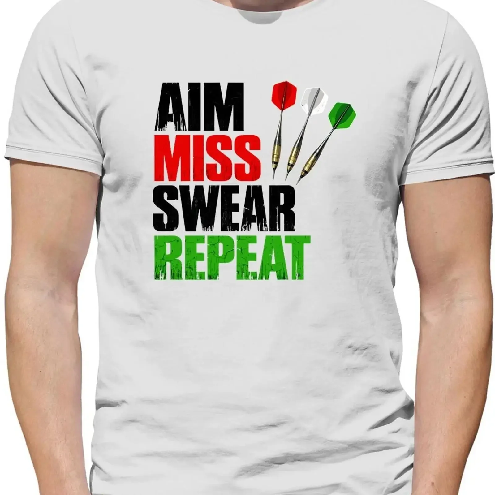 Aim Miss Swear Repeat Mens T Shirt 180 Darts Love Funny Fathers Day Luke vintage Washed Versatile Slightly Unisex Casual