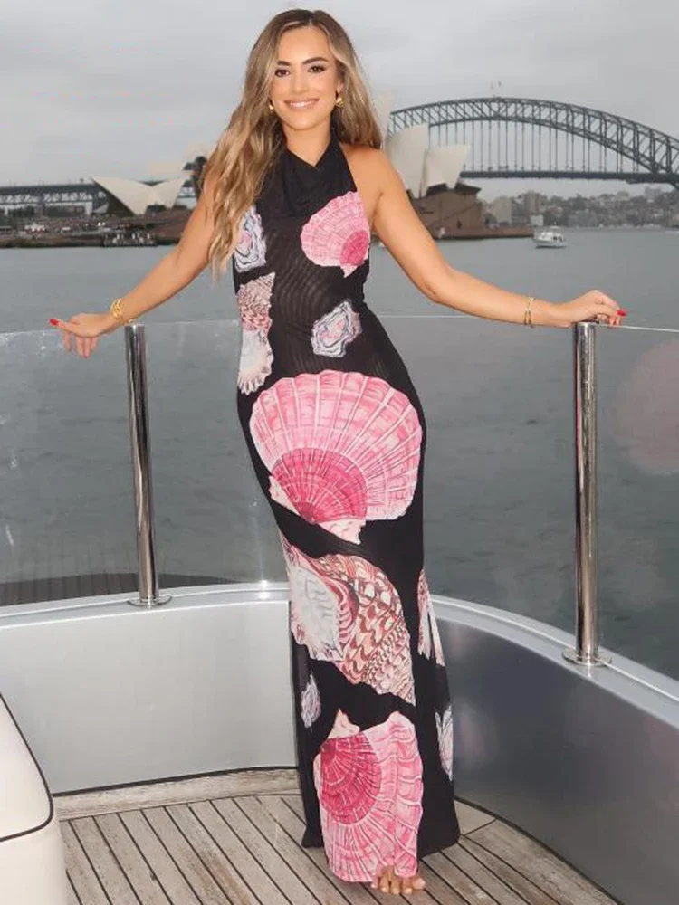 

XIAOTANG Backless Print Sexy Maxi Dress Women Gown Summer New Patchwork Sleeveless Bodycon Beach Holiday Long Dress Clubwear