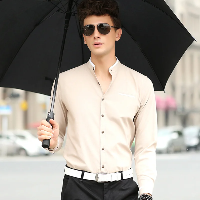 Men\'s standing collar long sleeved shirt Solid Oxford spun slim fitting Korean version Business casual men\'s top shirt