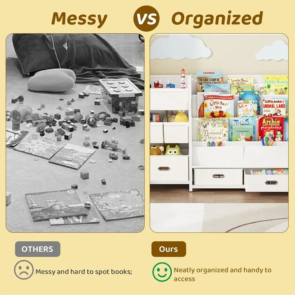 3 Tier Kids Bookshelf and Toy Storage - Sling Book Shelf with Toy Organizer, Montessori Toddler Bookcase with 6 Toy Bins, for Pl