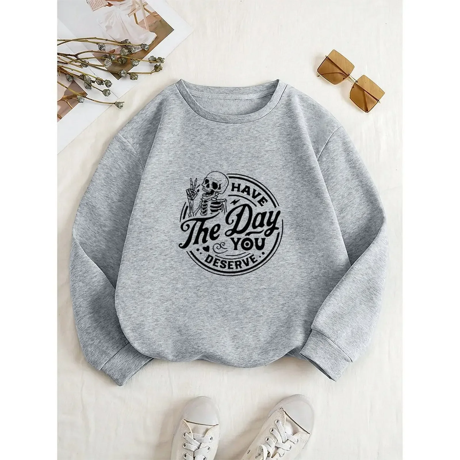 Womens Winter Round Neck Long-sleeve Velvet Casual Positive Funny Skeleton Print Pullover Loose Fashion Comfortable Sweatshirt