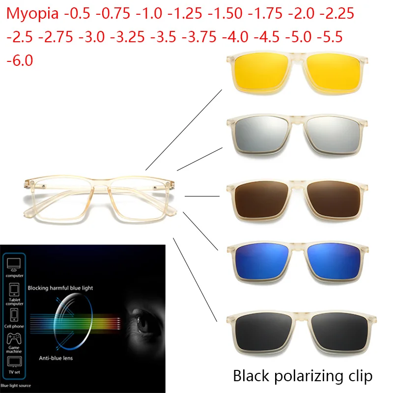 Image of Myopie-Brille, 2-in-1, sandbraun, transparenter Rahmen, kleiner quadratischer schwarzer polarisierter Clip, optische magnetische Korrekturbrille