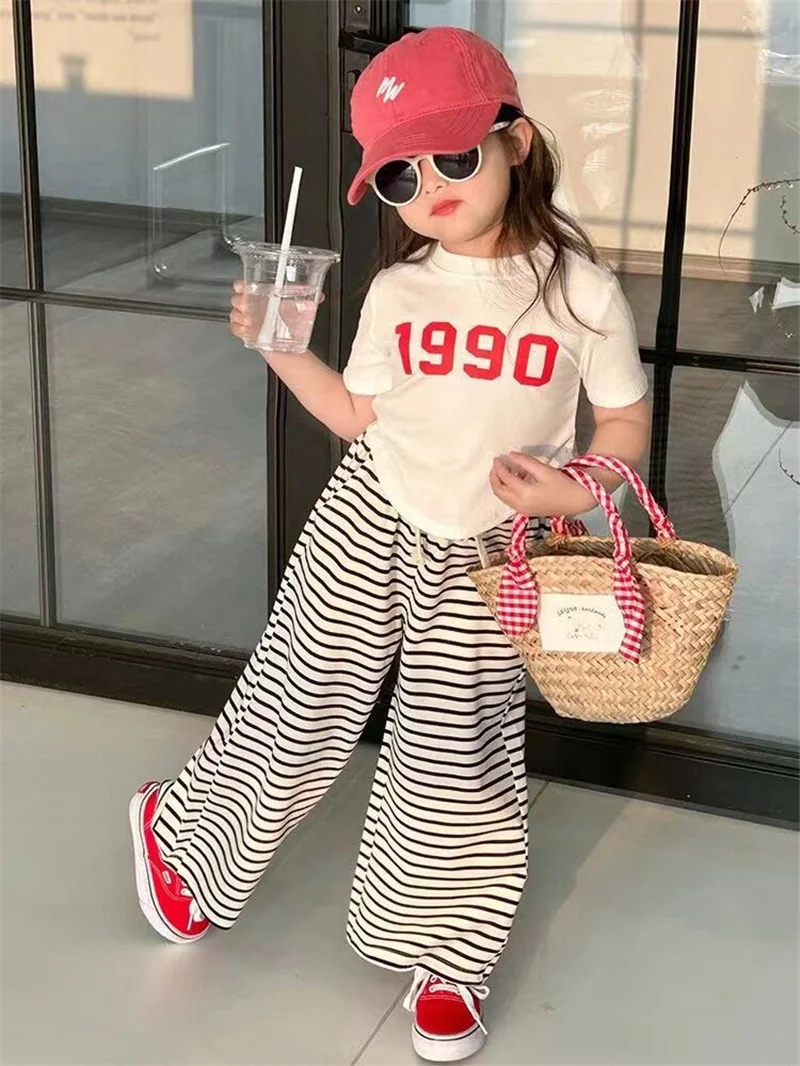 New Girls Short Sleeve Suits Summer Kids T-Shirt Clothing Sets Irregular Tops+Stripes Pants 2Pcs Children Fashion Outfits 2-8Y