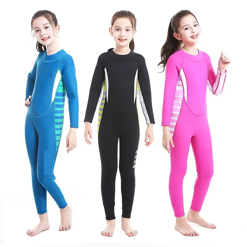 Full Diving Suit for Kids, Neoprene Wetsuit, UV Protection, Black Print, Children's Swimwear, Keep Warm, 3mm, Spring