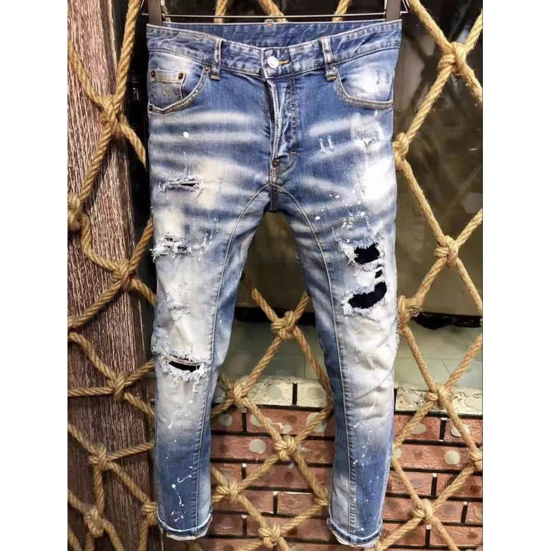 

Man Pants Jeans Baggy Jeans Distressed Loose Fit High Street Mens Trousers Elastic Straight Leg Long Denim
