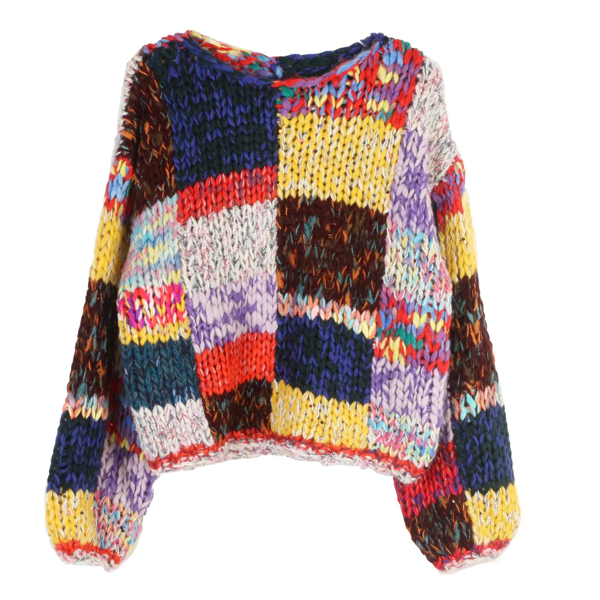 

2025 Holiday Bohemian Colorblock Long Sleeve Sweater Tops Autumn And Winter New Loose Casual Round Neck Pullover Knitted Sweater